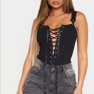 Black Woven Structured Lace Up Corset Crop Top
